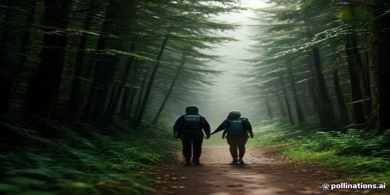 산 중턱 숲길을 따라 걷는 등산객들